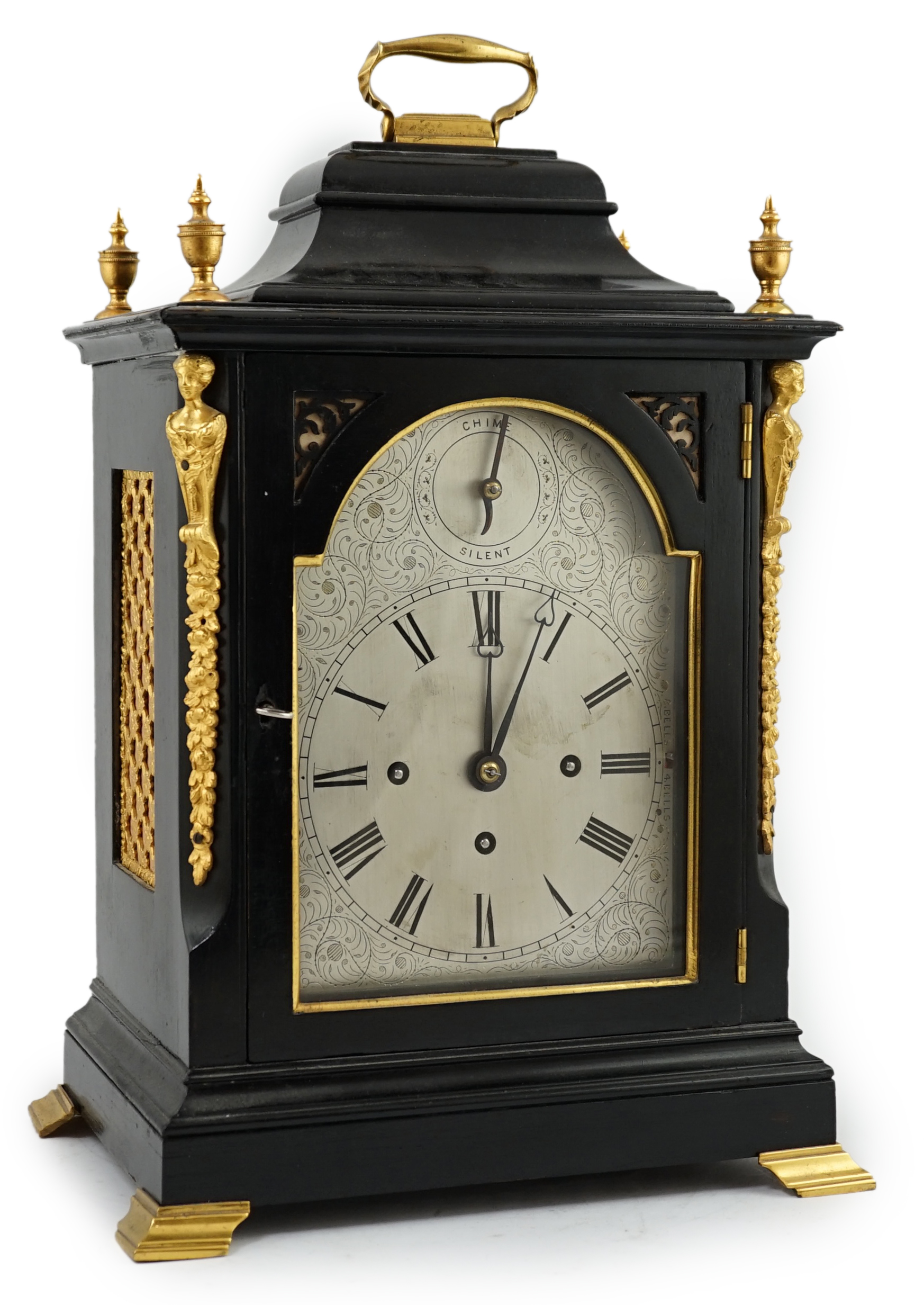 A Victorian ormolu mounted ebonised chiming bracket clock